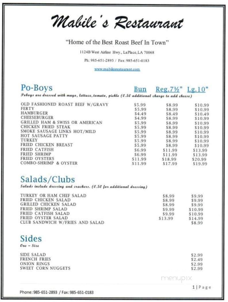 Mabile's Restaurant - Laplace, LA menu_pic