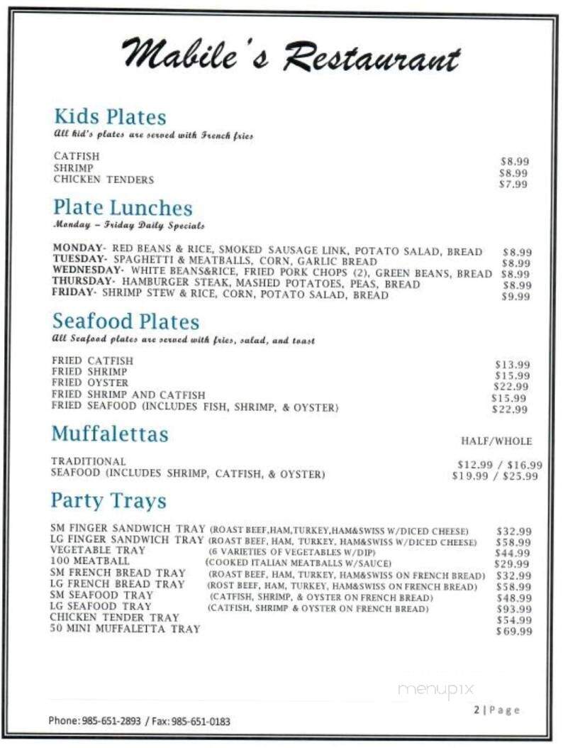 Mabile's Restaurant - Laplace, LA menu_pic