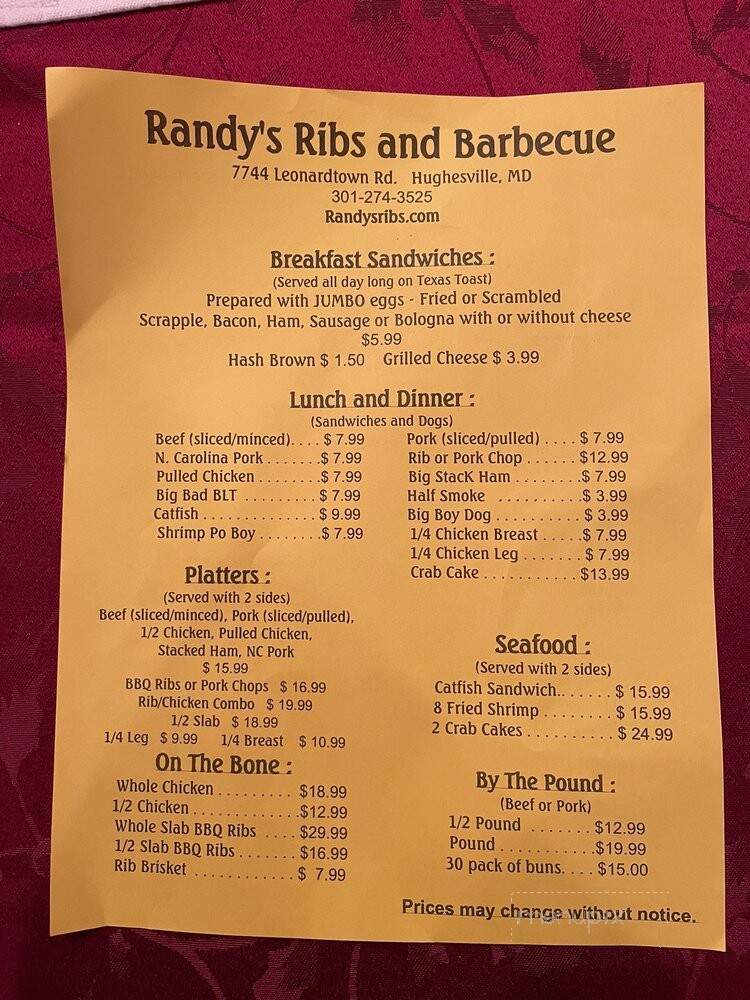 Randy's Ribs & BBQ - Hughesville, MD menu_pic