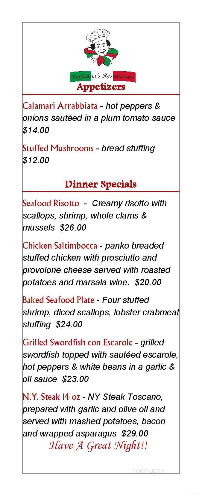 Pagliacci's Restaurant - Plainville, CT menu_pic