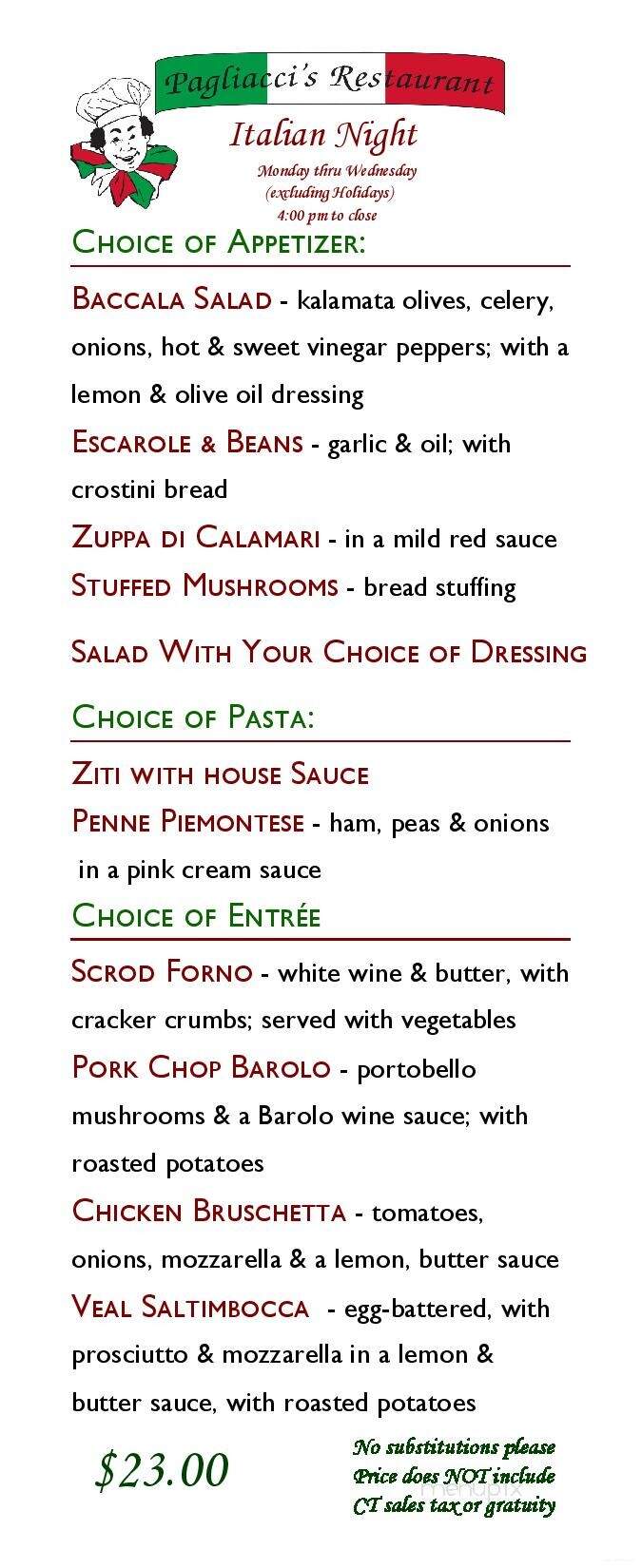 Pagliacci's Restaurant - Plainville, CT menu_pic