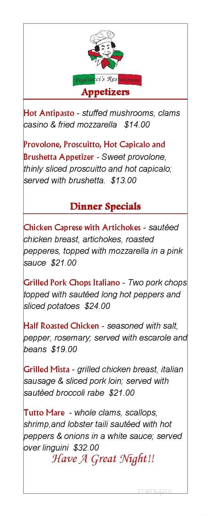 Pagliacci's Restaurant - Plainville, CT menu_pic