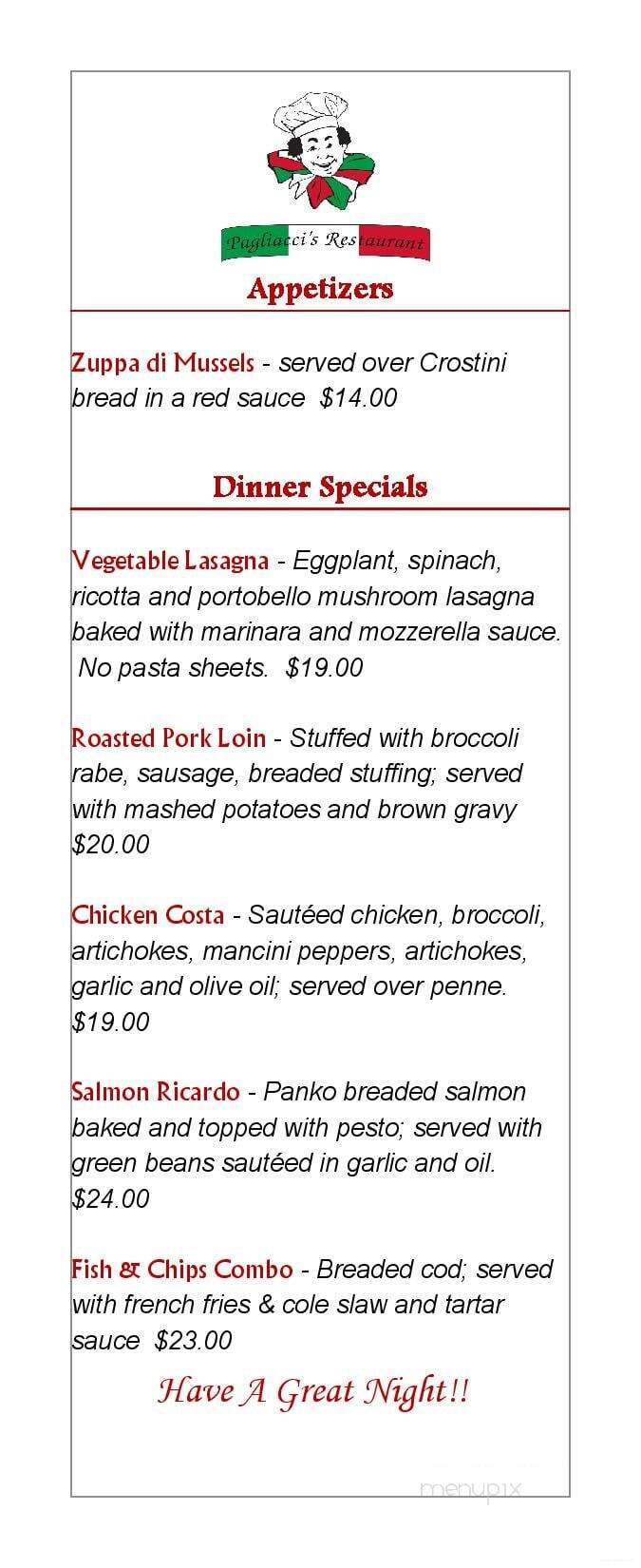 Pagliacci's Restaurant - Plainville, CT menu_pic