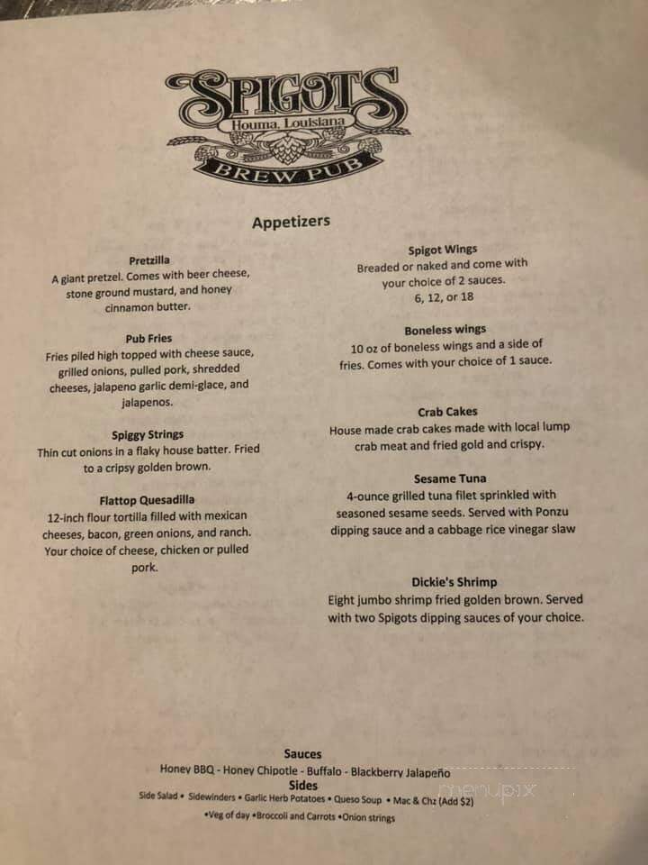 Spigots Brew Pub - Houma, LA menu_pic