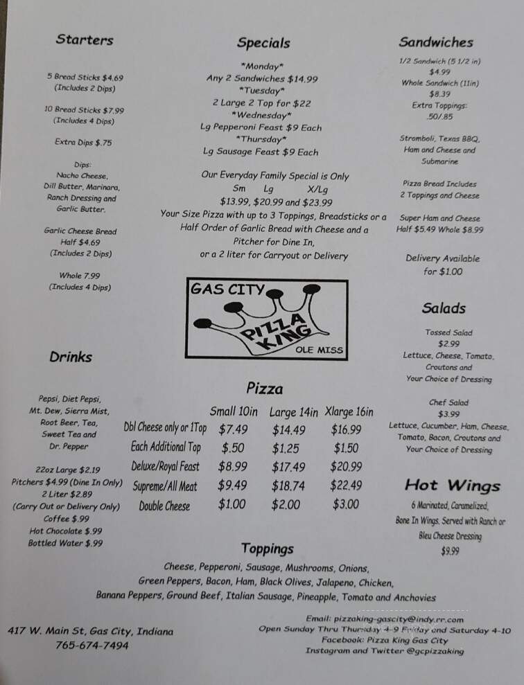Butch's Pizza King - Gas City, IN menu_pic