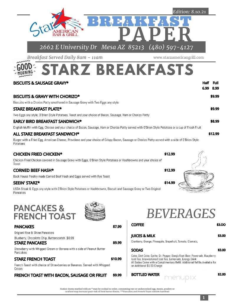 Starz American Bar and Grill - Mesa, AZ menu_pic