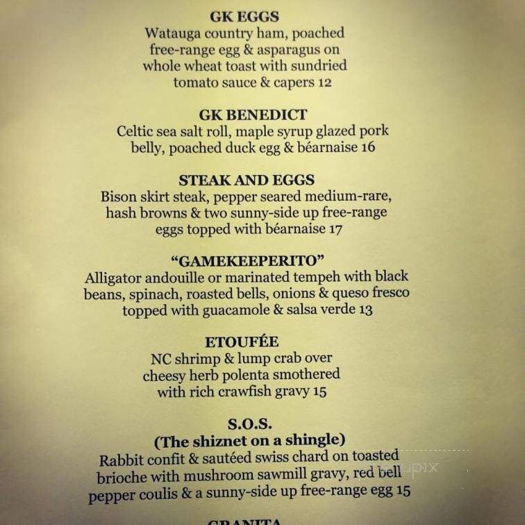 Gamekeeper Restaurant - Boone, NC menu_pic