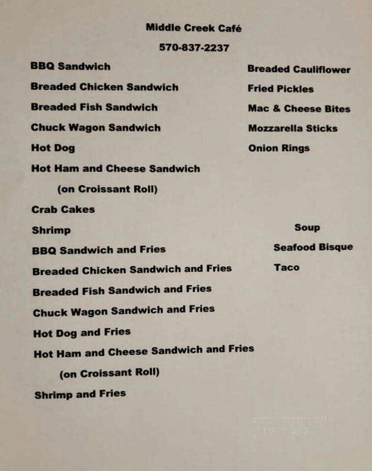 Middle Creek Cafe - Middleburg, PA menu_pic
