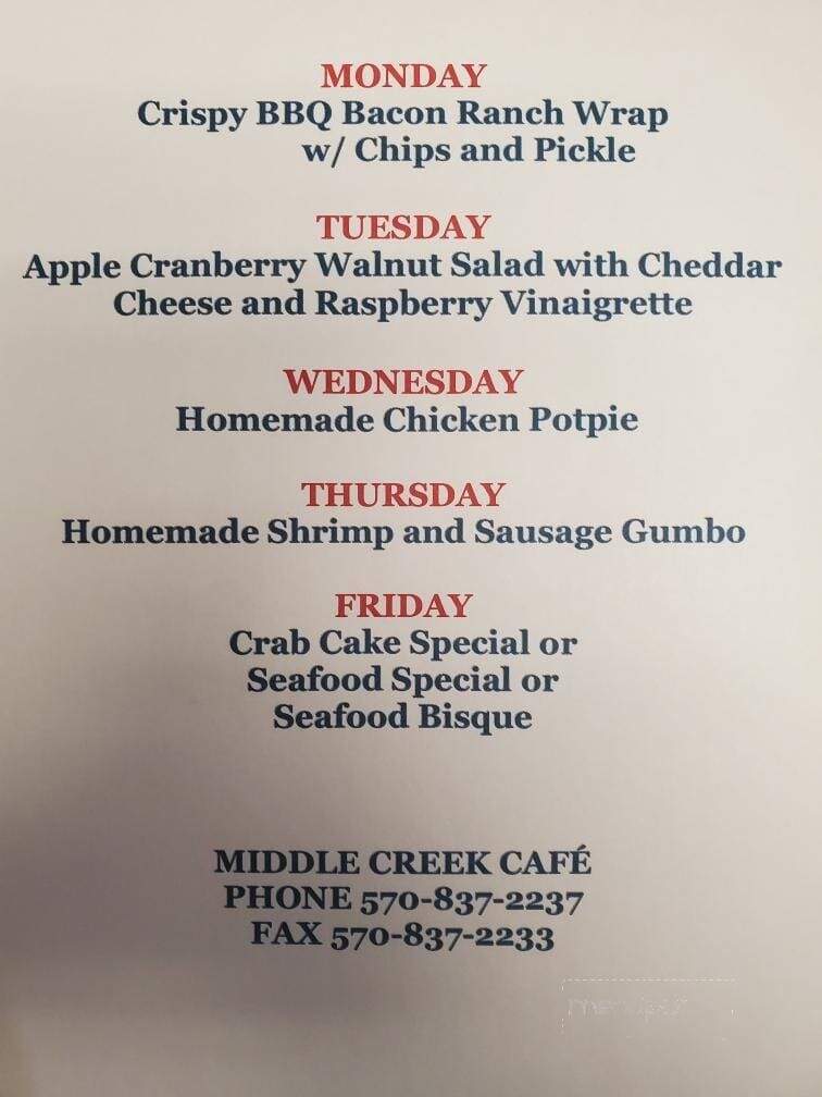 Middle Creek Cafe - Middleburg, PA menu_pic