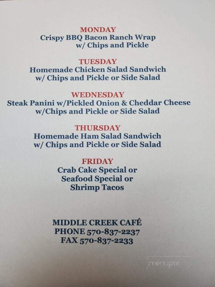 Middle Creek Cafe - Middleburg, PA menu_pic
