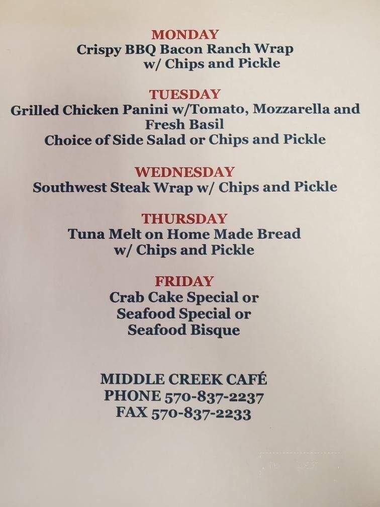 Middle Creek Cafe - Middleburg, PA menu_pic