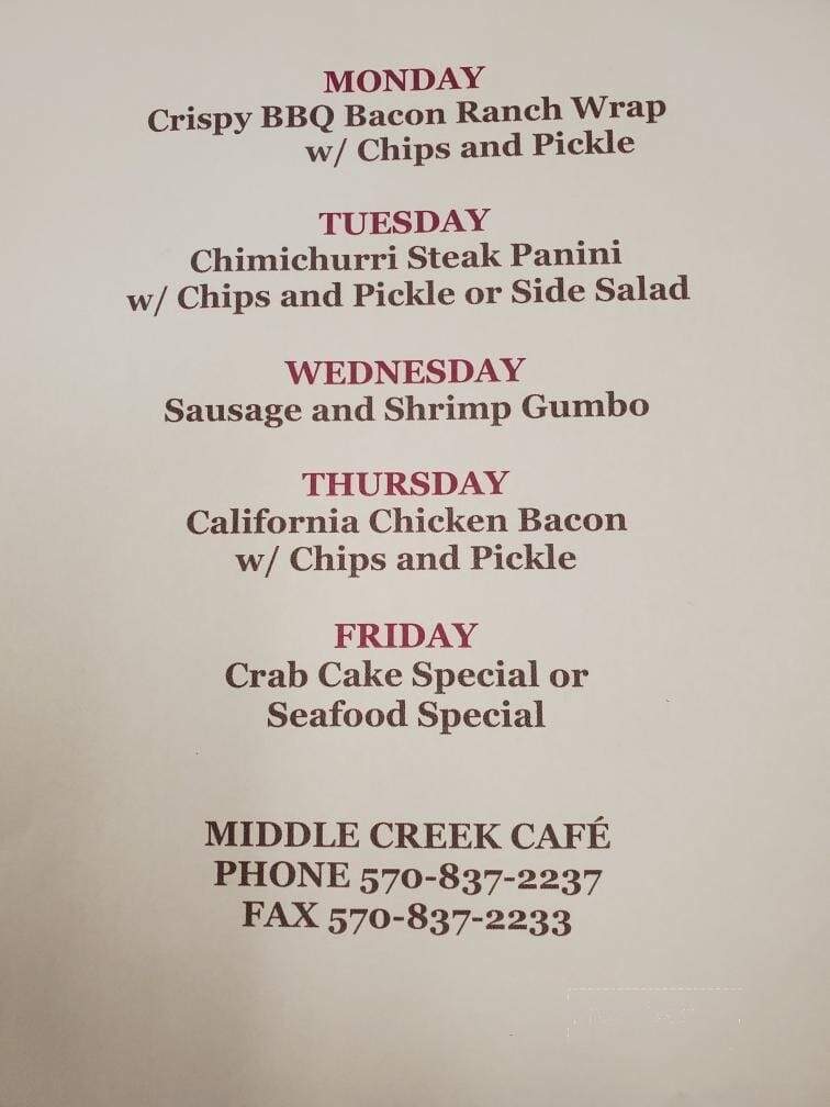 Middle Creek Cafe - Middleburg, PA menu_pic
