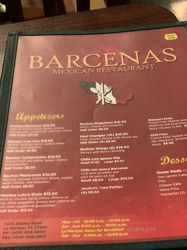 Barcenas Mexican Restaurant - La Marque, TX menu_pic