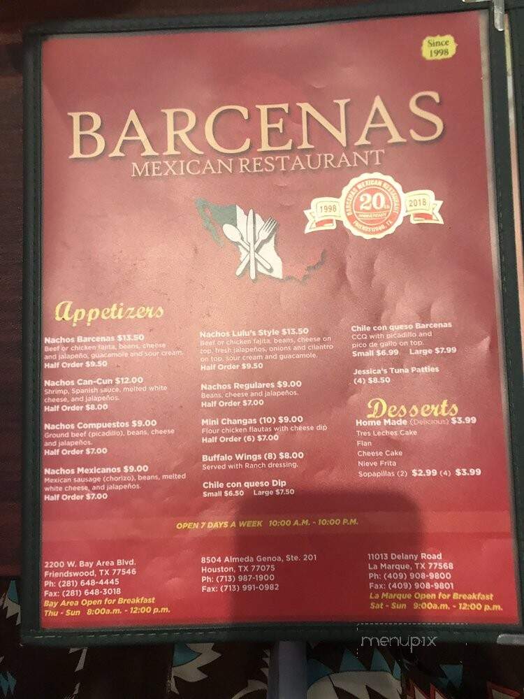 Barcenas Mexican Restaurant - La Marque, TX menu_pic