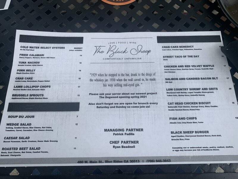Black Sheep Restaurant, Bar & Patio - Blue Ridge, GA menu_pic