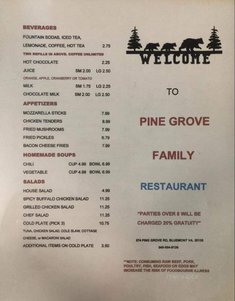 Pine Grove Restaurant - Bluemont, VA menu_pic