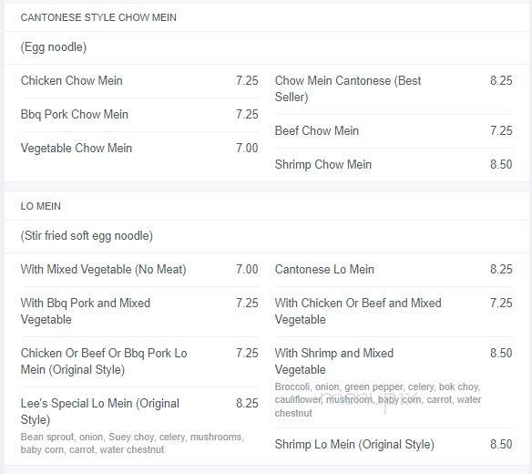 Lee's Chop Suey North - Regina, SK menu_pic