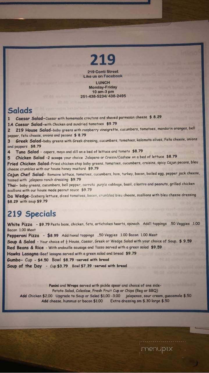 219 Restaurant - Mobile, AL menu_pic
