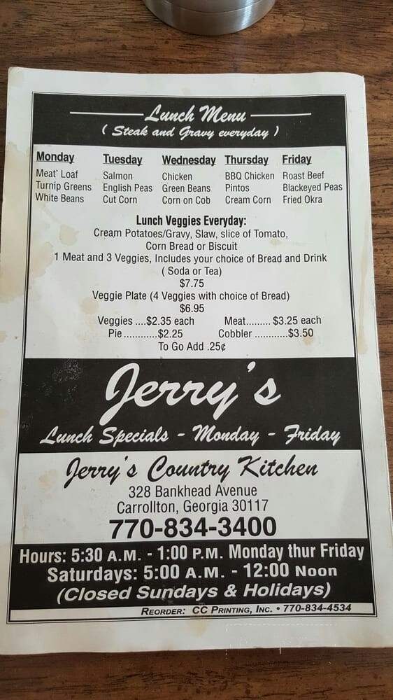 Jerry's Country Kitchen - Carrollton, GA menu_pic