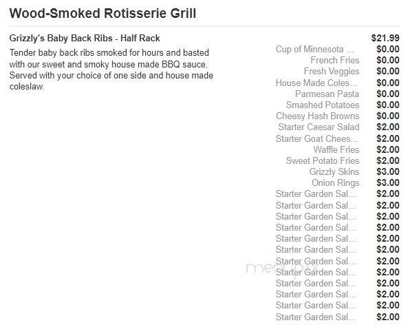 Grizzly's Grill N' Saloon - Willmar, MN menu_pic