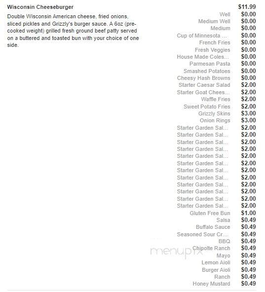 Grizzly's Grill N' Saloon - Willmar, MN menu_pic