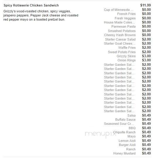 Grizzly's Grill N' Saloon - Willmar, MN menu_pic