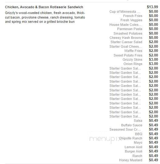 Grizzly's Grill N' Saloon - Willmar, MN menu_pic