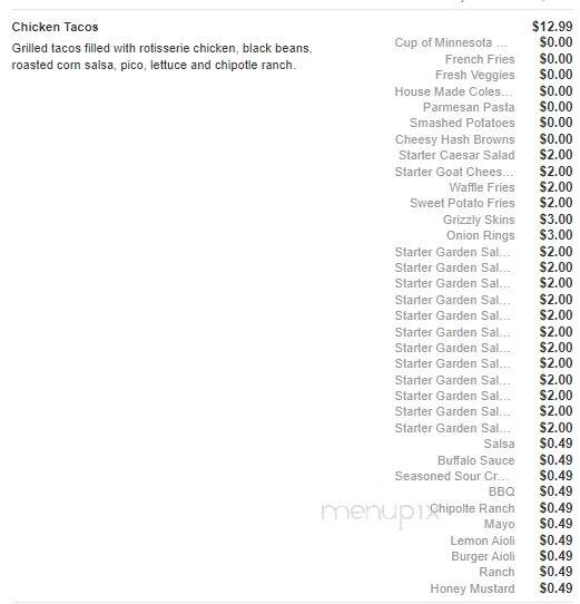Grizzly's Grill N' Saloon - Willmar, MN menu_pic