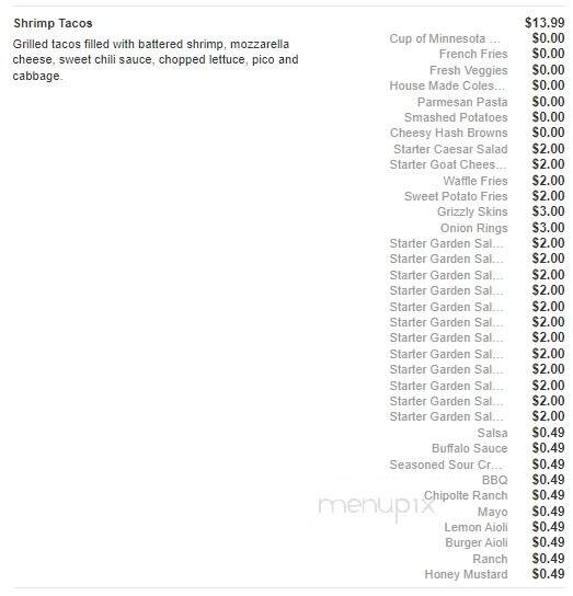 Grizzly's Grill N' Saloon - Willmar, MN menu_pic