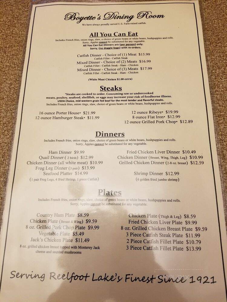 Boyette's Dining Room - Tiptonville, TN menu_pic