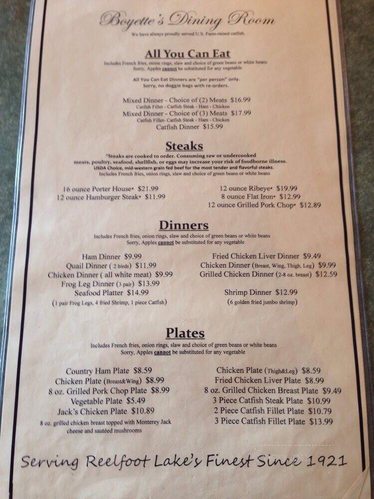 Boyette's Dining Room - Tiptonville, TN menu_pic