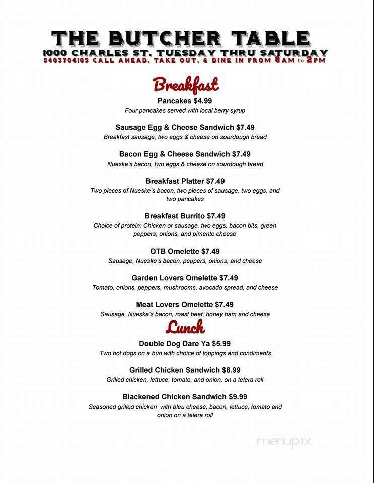 The Butcher's Table - Fredericksburg, VA menu_pic