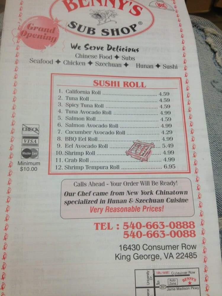 Benny's Sub Shop - King George, VA menu_pic