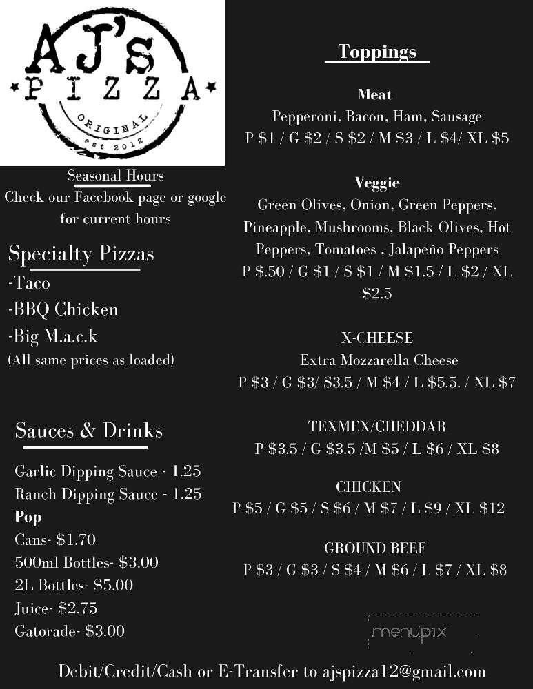 AJ's Pizza - Wawa, ON menu_pic
