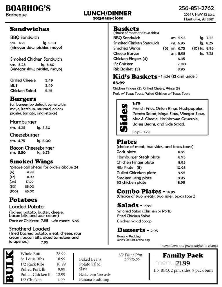 Boarhogs BBQ - Huntsville, AL menu_pic