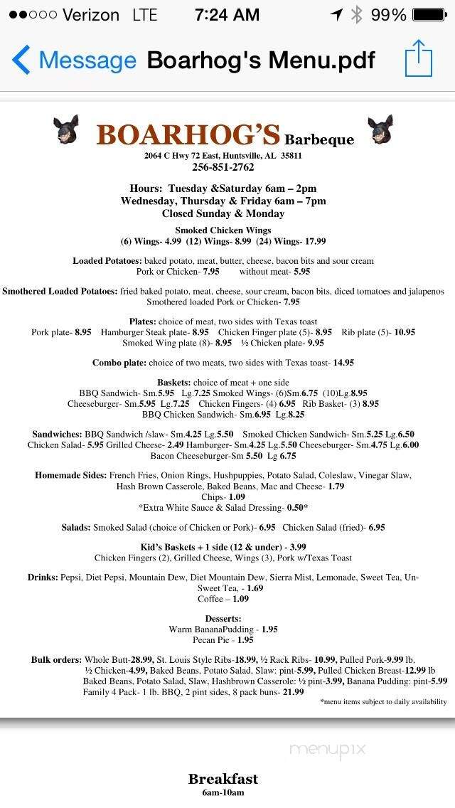Boarhogs BBQ - Huntsville, AL menu_pic