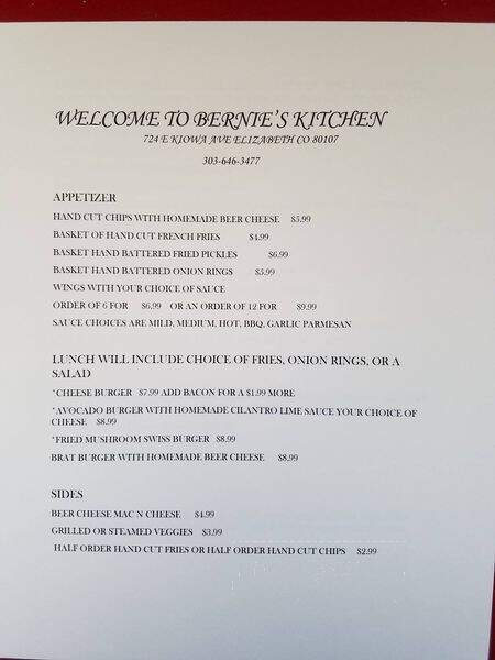 Bernie's Kitchen - Elizabeth, CO menu_pic
