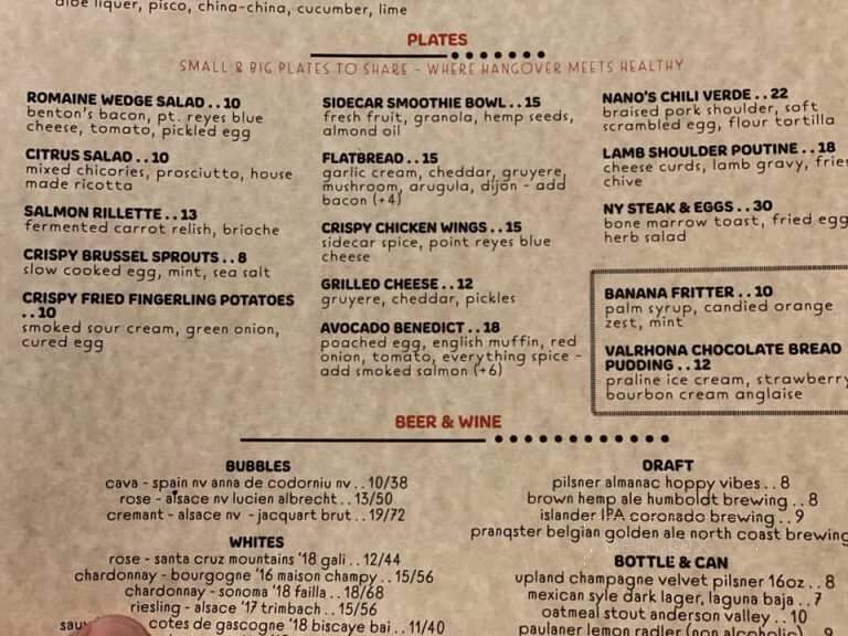 Sidecar Modern Tavern - Los Gatos, CA menu_pic