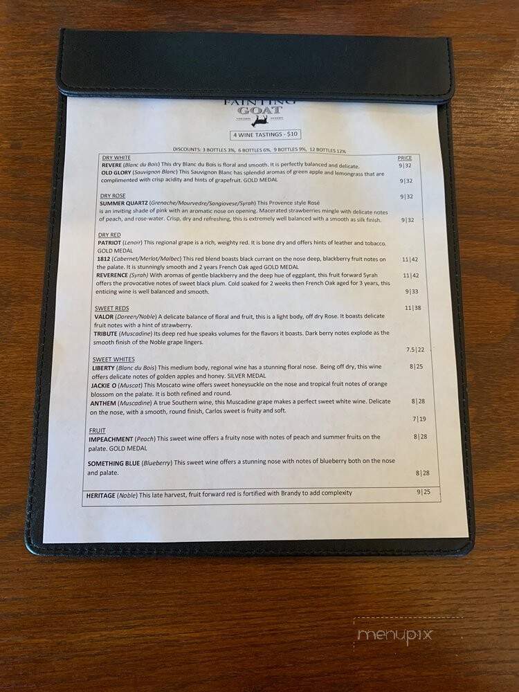 Fainting Goat Vineyards - Jasper, GA menu_pic