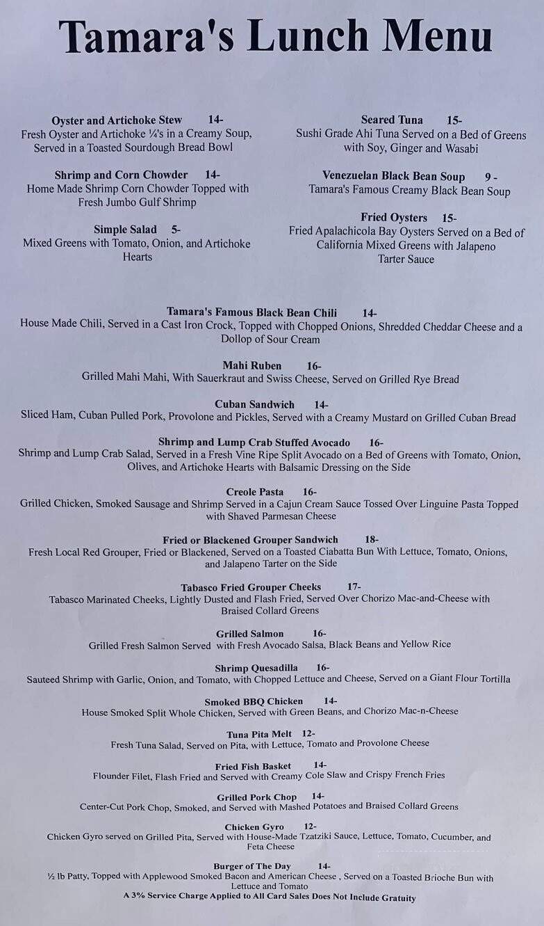 Tamara's Cafe - Apalachicola, FL menu_pic