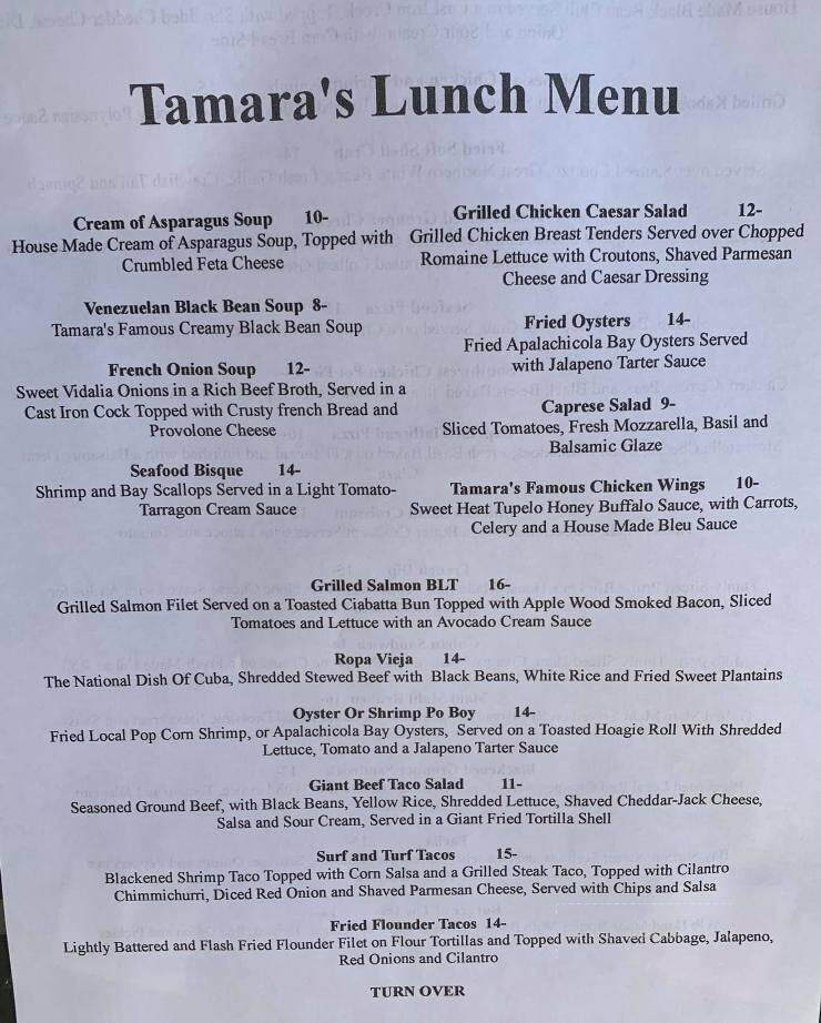 Tamara's Cafe - Apalachicola, FL menu_pic