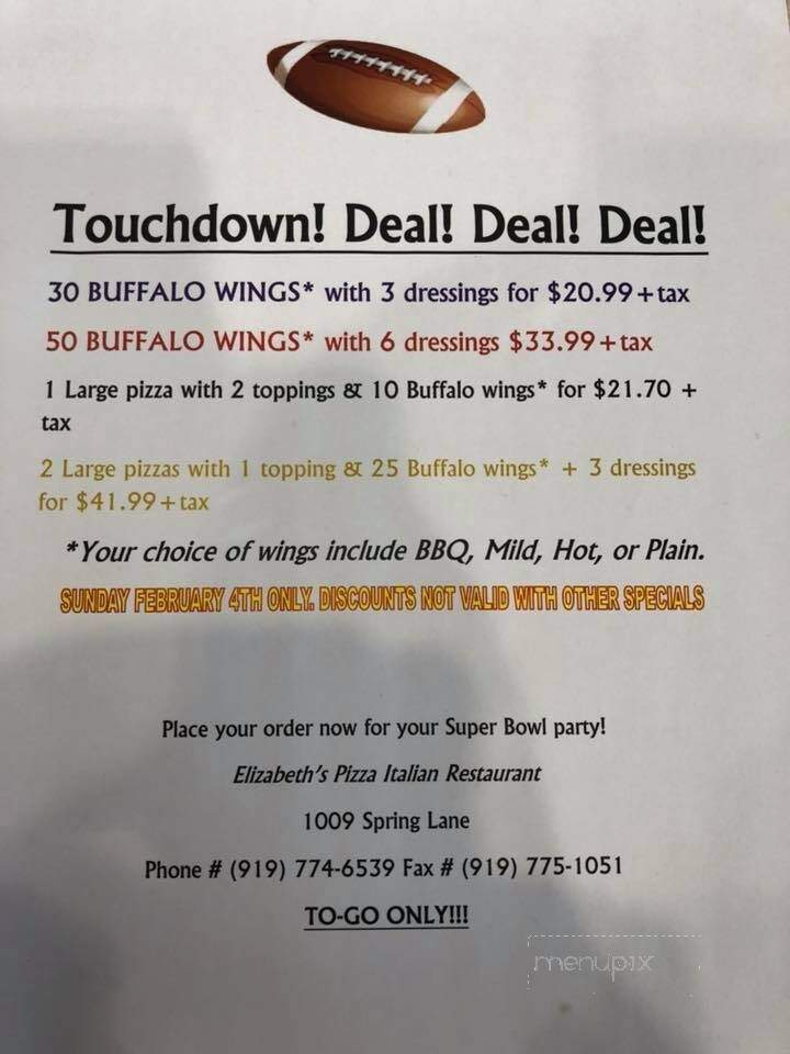 Elizabeth's Pizza & Italian - Sanford, NC menu_pic