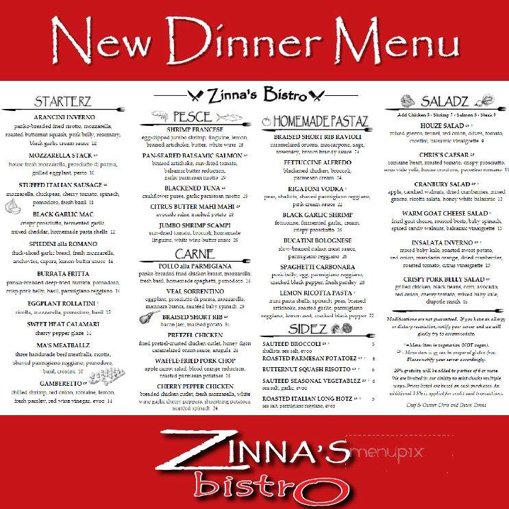 Zinna's Bistro - Cranbury, NJ menu_pic