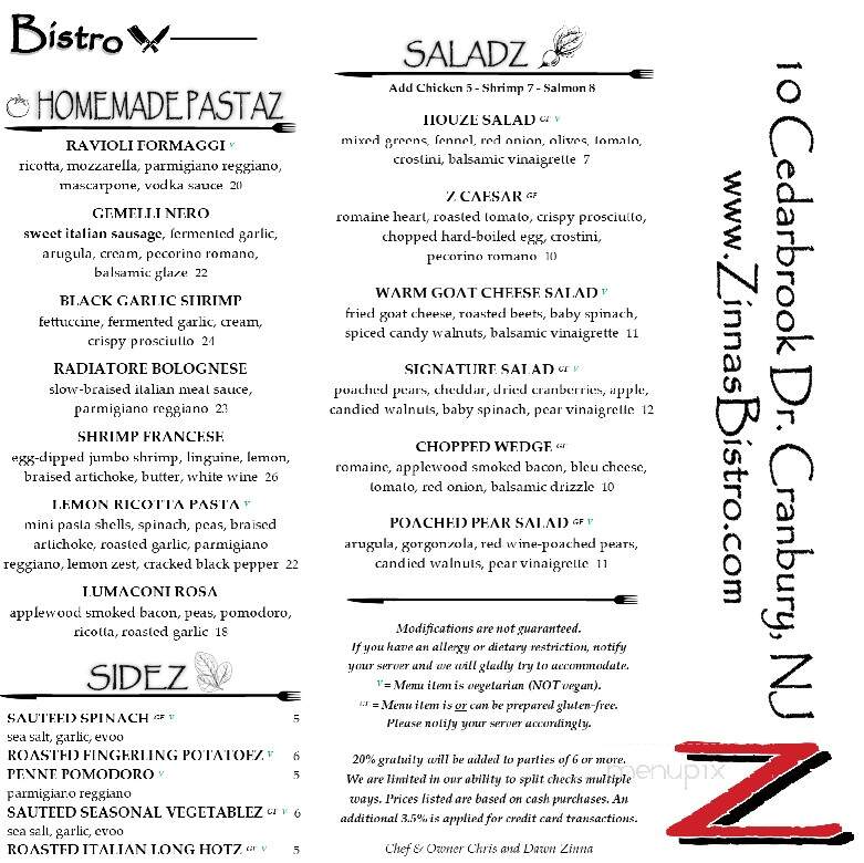 Zinna's Bistro - Cranbury, NJ menu_pic