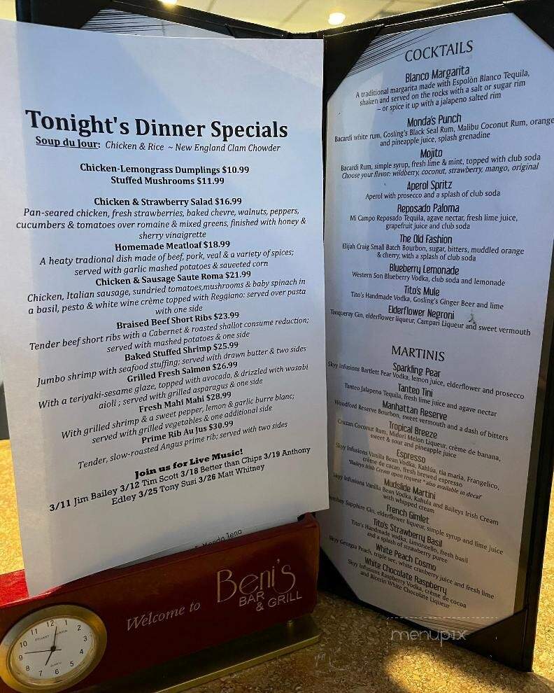 Beni's Restaurant Bar and Grill - Vernon, CT menu_pic