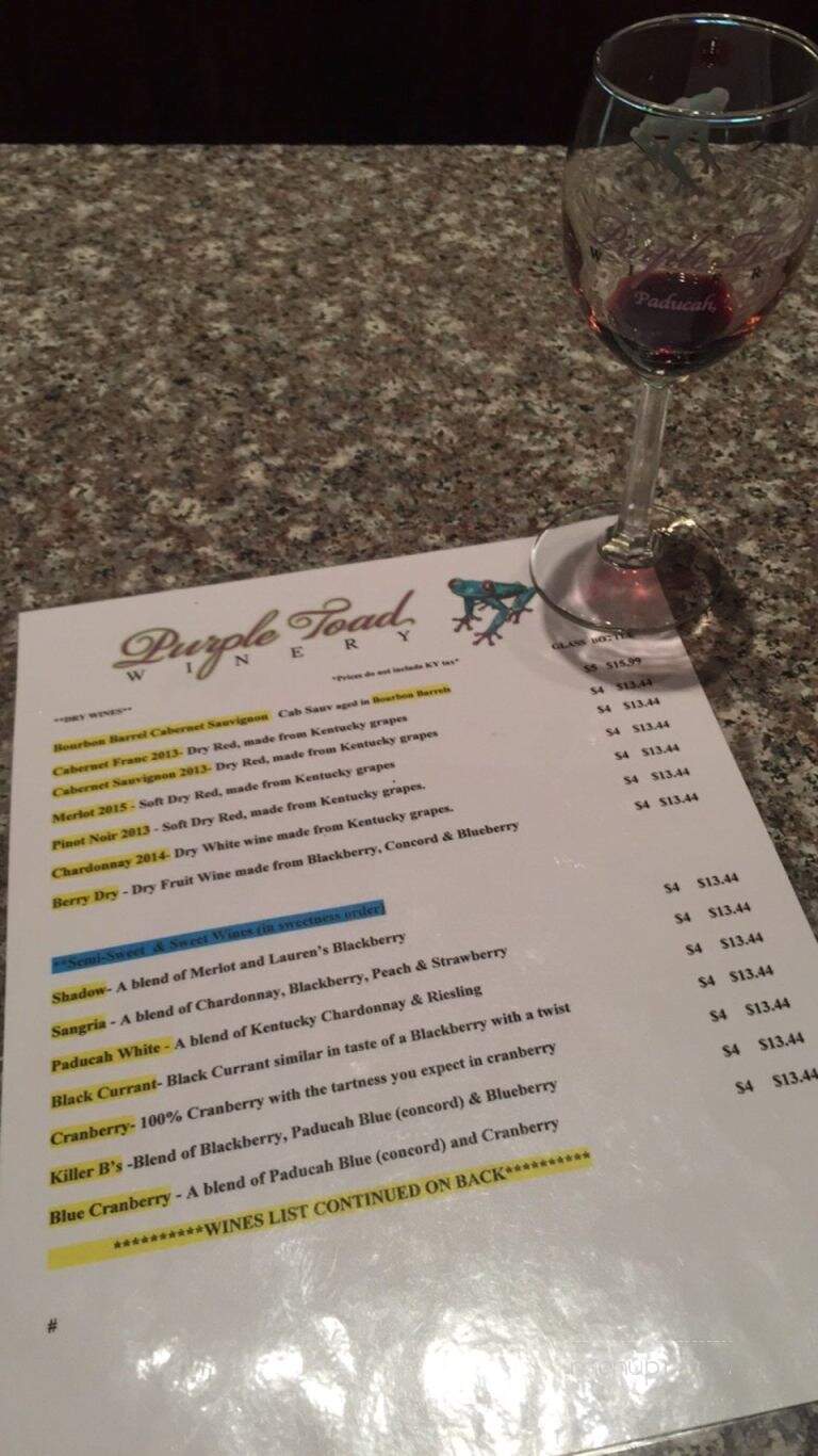 Purple Toad Winery - Paducah, KY menu_pic