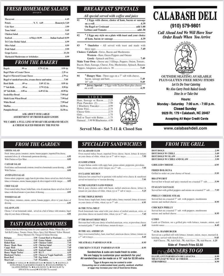 Online Menu of Calabash Deli, Calabash, NC