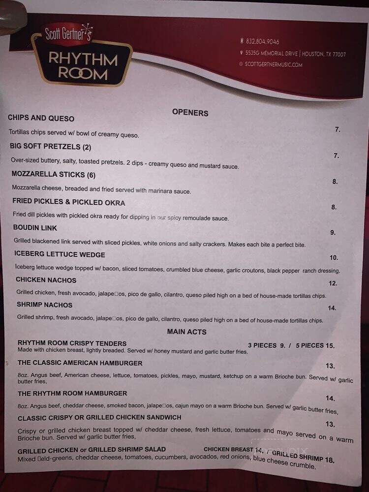 Scott Gertner's Rhythm Room - Houston, TX menu_pic