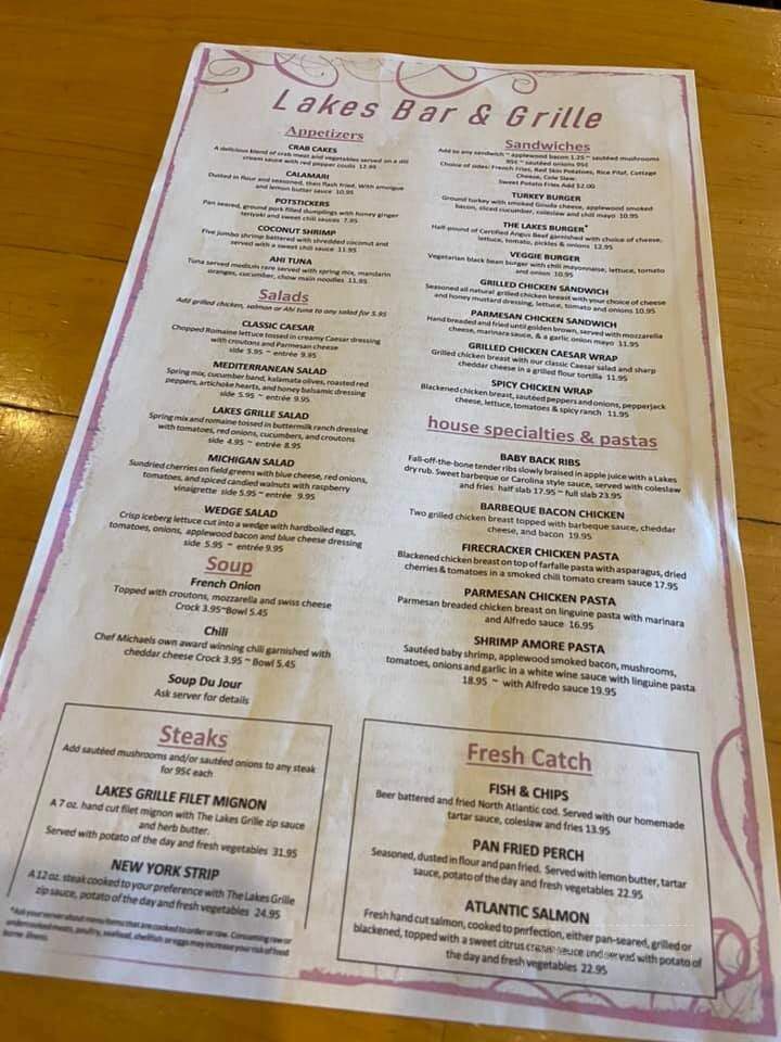 Menu of The Lakes Bar and Grille in Commerce Township MI 48382