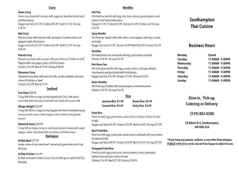 Southampton Thai Cuisine - Southampton, ON menu_pic